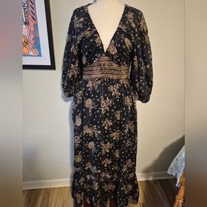 Free People Black Maxi Dress with Tan Floral Print